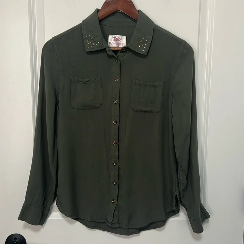 Justice Girls Army Green Long Sleeve Button Down Top size 14/16